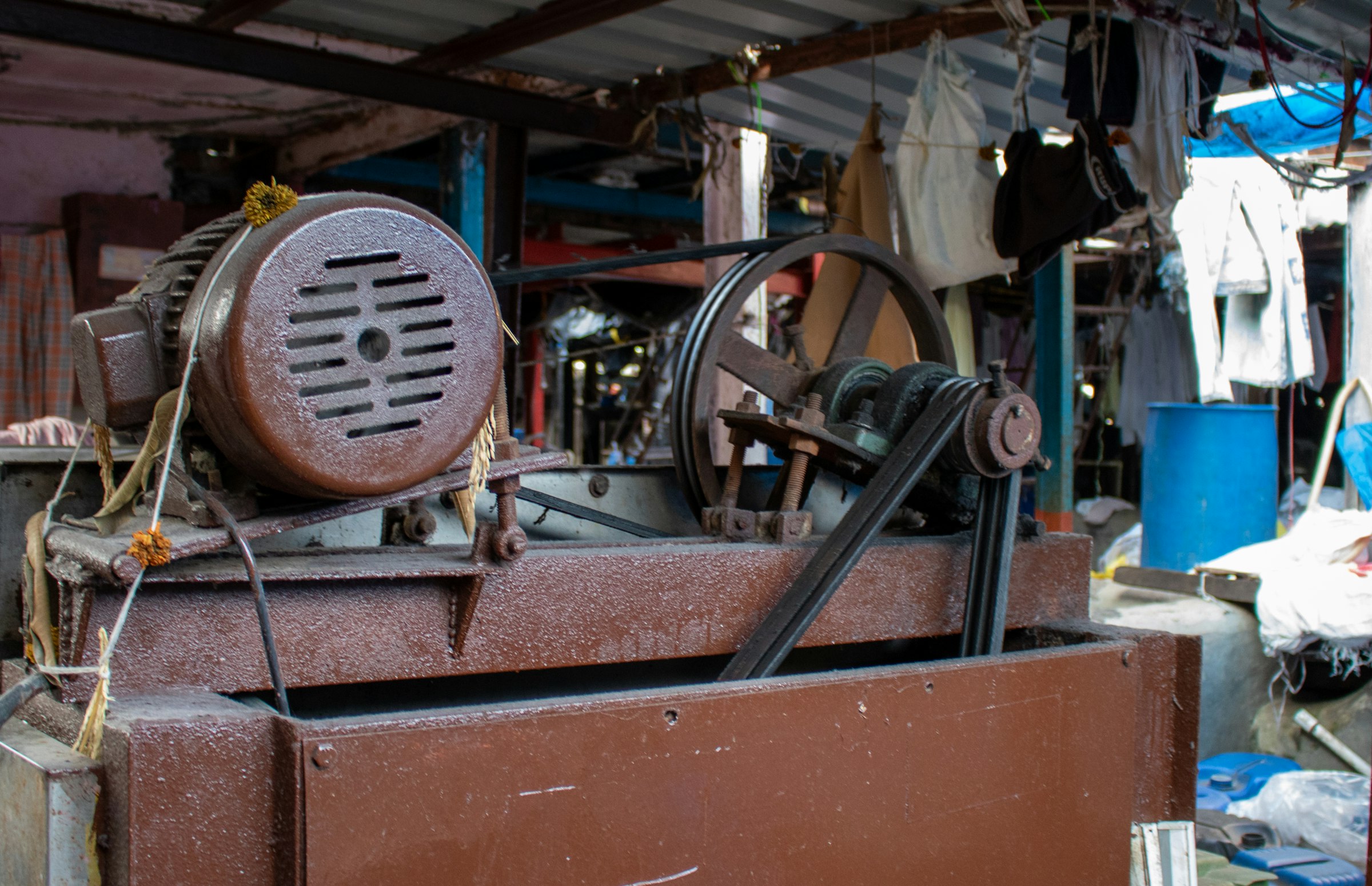 Industrial motor, pulley and belt drive